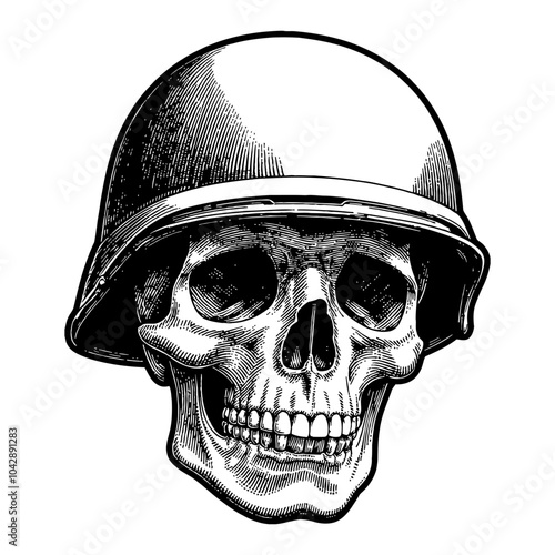 Skull Head Wearing Military Helmet in Retro Black and White Outline Line Art Drawing