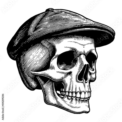 Skull Head Wearing Flat Cap in Vintage Style Black and White Outline Line Art Drawing