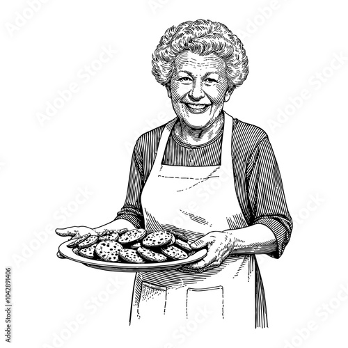 Smiling Grandma Holding Cookies with Tray in Detailed Black and White Outline Line Art Drawing