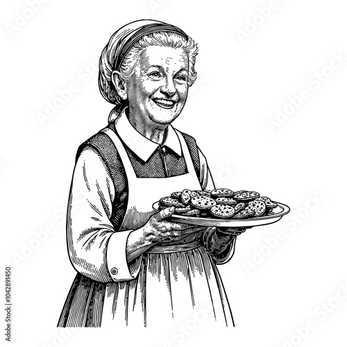 Smiling Old Grandma with Vintage Outfit Holding Cookie Tray Black and White Outline Line Art Drawing