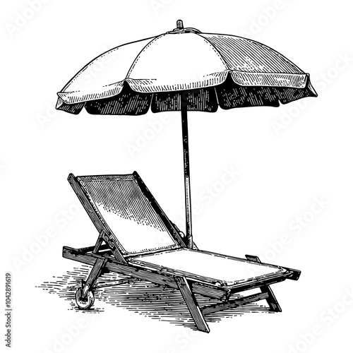 Sunbed and Umbrella Scene in Black and White Outline Line Art Drawing in Classic Style