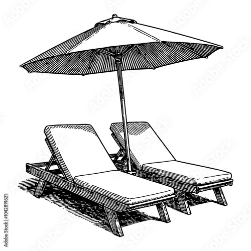 Sunbed and Umbrella in Detailed Black and White Outline Line Art Drawing Ideal for Design Use