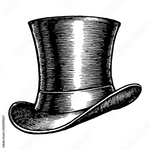 Vintage Top Hat Black and White Outline Line Art Drawing with Detailed Etching Style