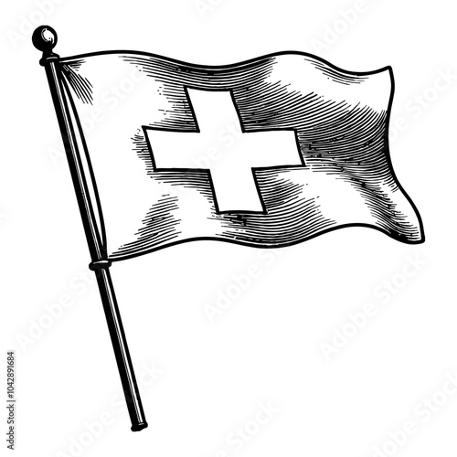 Switzerland Flag Waving in Detailed Black and White Outline Line Art Drawing with Rod