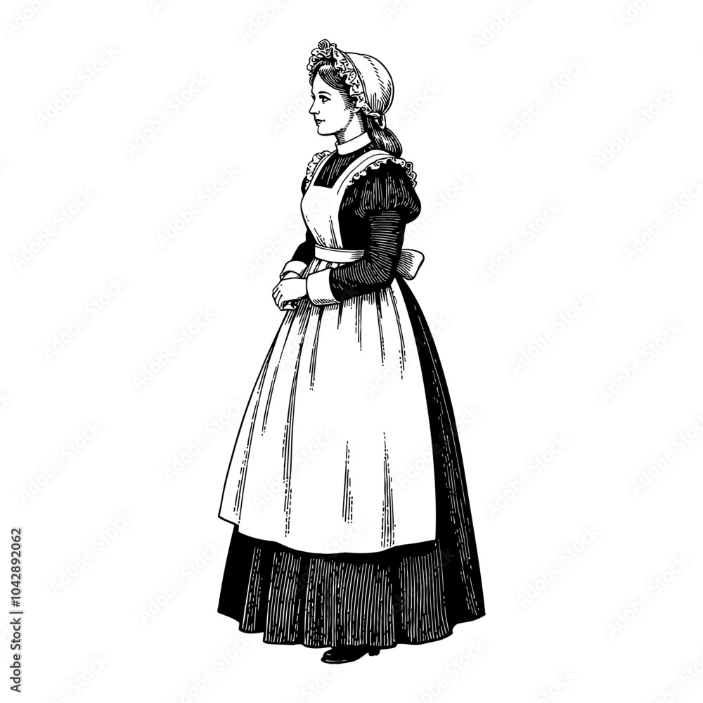 Victorian Maid Full Body Black and White Outline Line Art Drawing in Traditional Dress Victorian Maid Full Body Black and White Outline Line Art Drawing in Traditional Dress