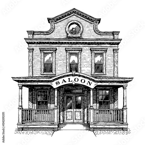 Vintage Saloon Building Front View in Detailed Black and White Outline Line Art Drawing