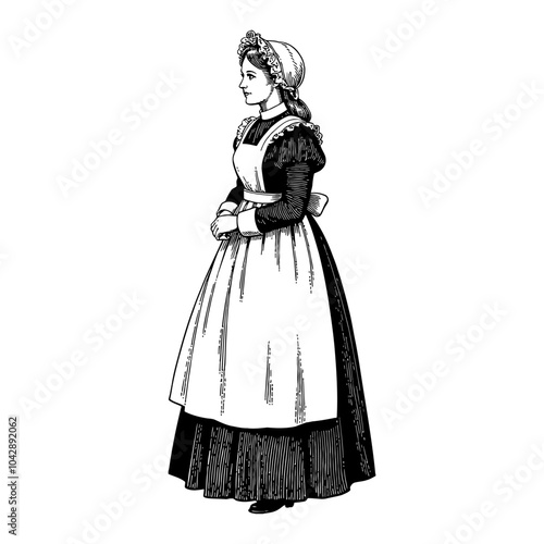 Victorian Maid Full Body Black and White Outline Line Art Drawing in Traditional Dress