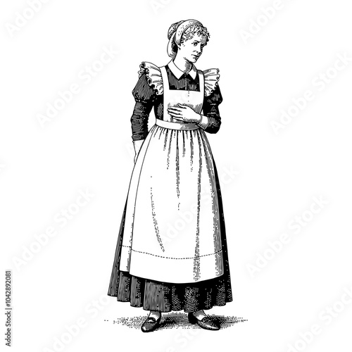 Victorian Maid Full Body Portrait in Detailed Black and White Outline Line Art Drawing