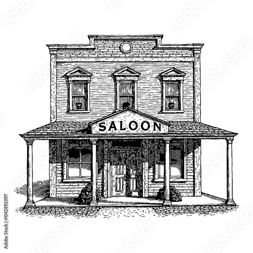 Vintage Saloon Building Front View in Detailed Black and White Outline Line Art Drawing