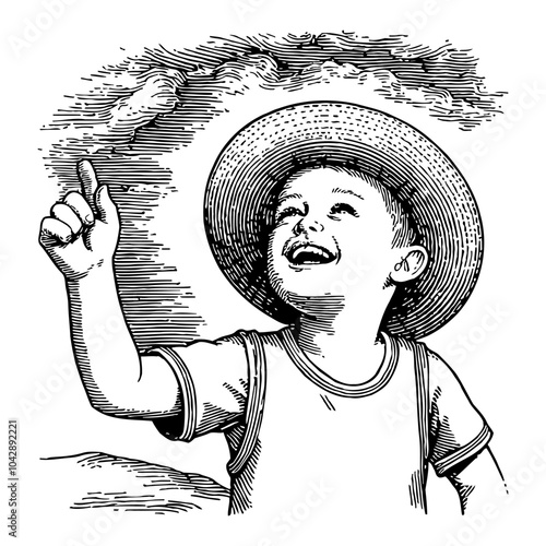 Boy Laughing Wearing Straw Hat with Hand in Sky Black and White Outline Line Art Drawing