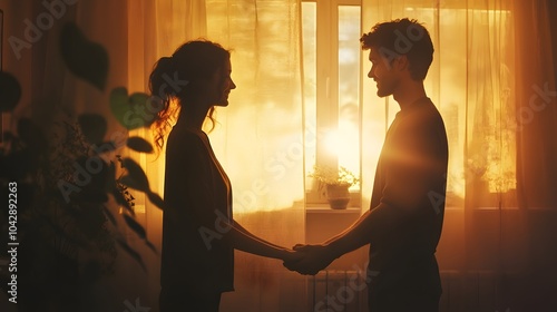 The gentle light of the morning casts a warm glow on a couple holding hands by the window symbolizing their emotional closeness