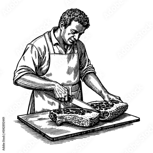 Butcher Cutting Meat with Knife Detailed Black and White Outline Line Art Drawing Apron Style
