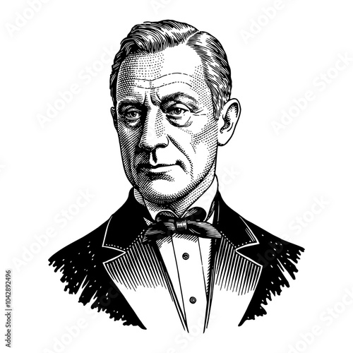 Butler in Vintage Attire Portrait Detailed Black and White Outline Line Art Drawing