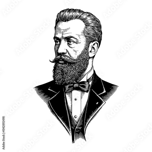 Butler Wearing Vintage Suit with Bow Tie Black and White Outline Line Art Drawing Detailed Portrait