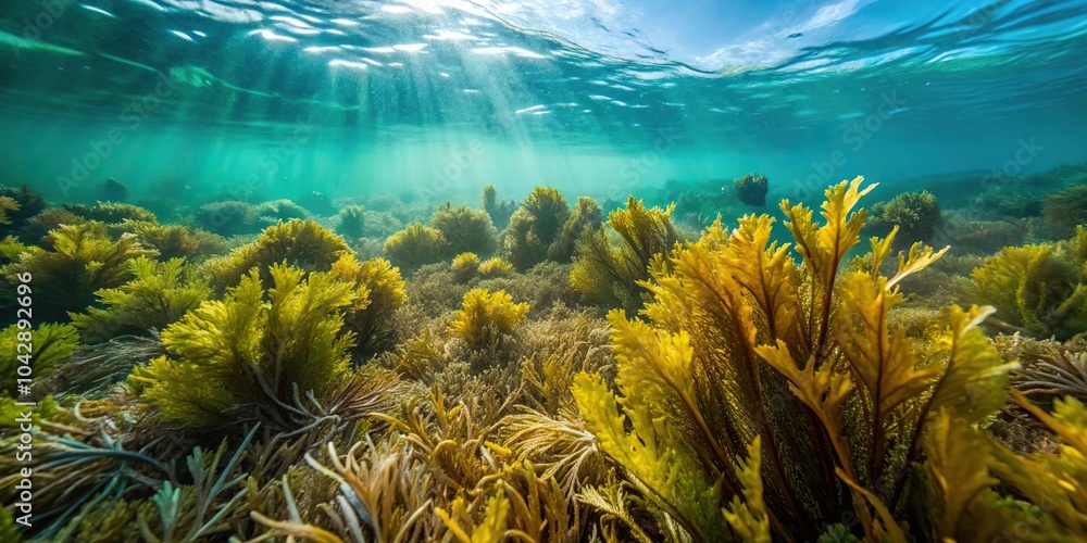 Obraz premium Forced perspective underwater shot of sea chervil, kelp, and seagrass on the Scottish coast