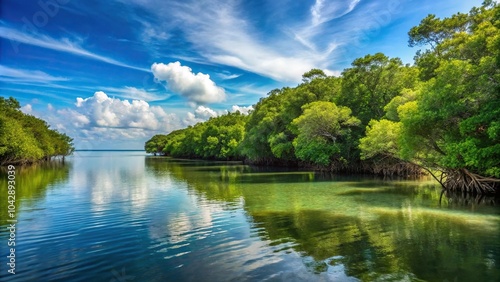 Forced perspective view of lush mangrove forest meeting tranquil ocean panorama