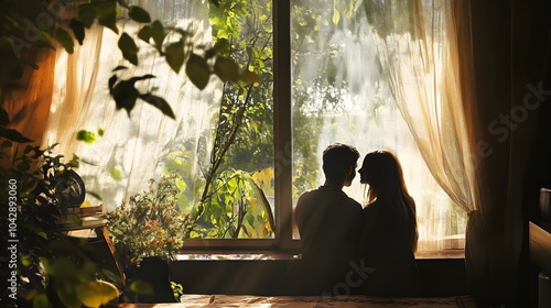 The couple's peaceful morning moment by the window is enhanced by gentle light highlighting their affectionate connection