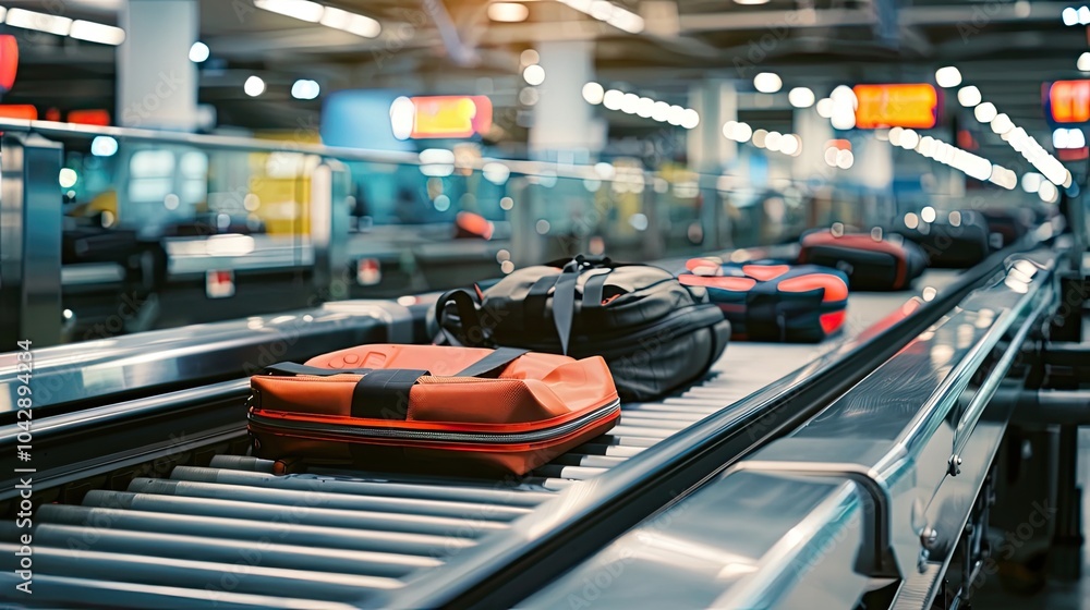 Luggage on a conveyor belt in an airport baggage handling area. Industrial logistics, airport operations, travel, and automated sorting systems. Luggage on a conveyor belt in an airport baggage handling area. Industrial logistics, airport operations, travel, and automated sorting systems.
