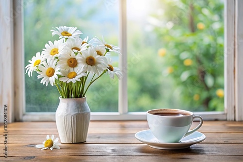 Wallpaper Mural Cup of coffee and daisy flowers in vase on wooden table by the window in a minimalist style Torontodigital.ca