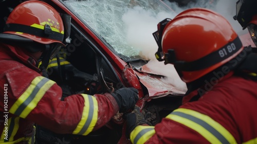 Close-up of firefighters cutting into a wrecked car, smoke rising, highlighting the critical nature of rescue work in high-pressure accident situations