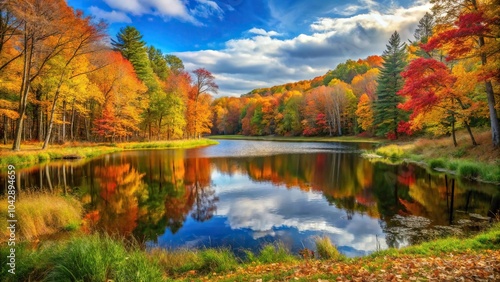 Forest glade at fall with lake crossing at tilted angle