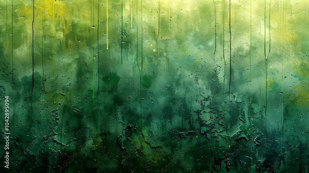 Obraz premium Vibrant green abstract art featuring textured layers and colorful drips in soft light
