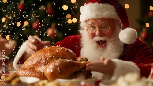 Festive Santa Claus Enjoying Christmas Dinner with Roasted Turkey