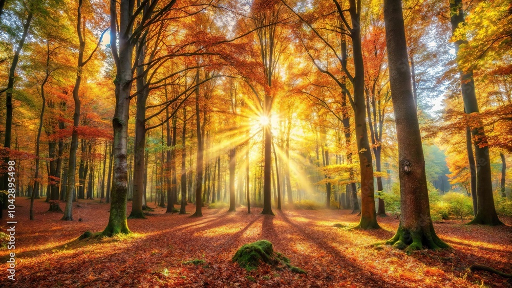 Obraz premium Forest scene with autumn nature and sunshine, panoramic view