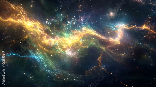 Glowing tendrils of electricity extend from a celestial being connecting to the vast expanse of stars