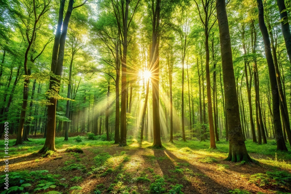 Obraz premium Forest with sunlight filtering through trees
