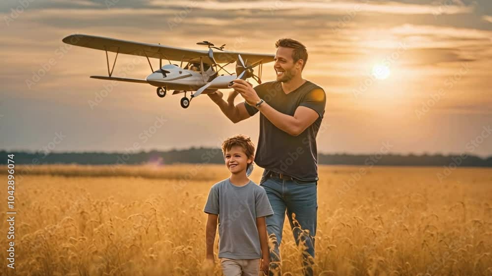 A striking father hoists his charming son upon his shoulders, both playing with a toy airplane as they enjoy the golden hues of a sunset over an expansive field A striking father hoists his charming son upon his shoulders, both playing with a toy airplane as they enjoy the golden hues of a sunset over an expansive field