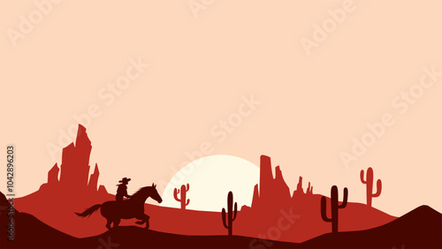 Landscape illustration of a cowboy riding a horse in the desert