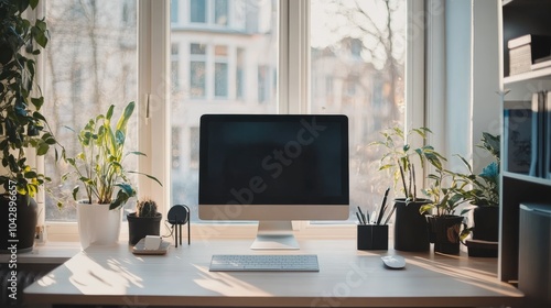 Wallpaper Mural A clean and modern workspace featuring a desktop monitor, wireless keyboard Torontodigital.ca