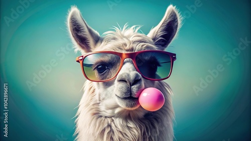 Cute llama wearing sunglasses and chewing bubble gum at a tilted angle