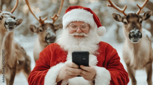 Santa attempting to fix a broken sleigh GPS, while reindeer impatiently tap their hooves and elves offer sarcastic help photo