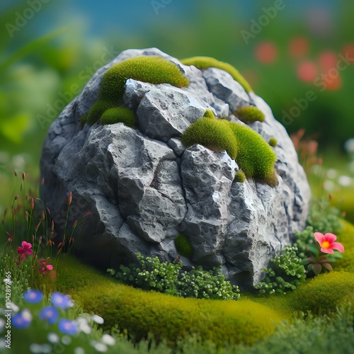 an asymmetrical perforated rock with moss on it, above the grass in nature 