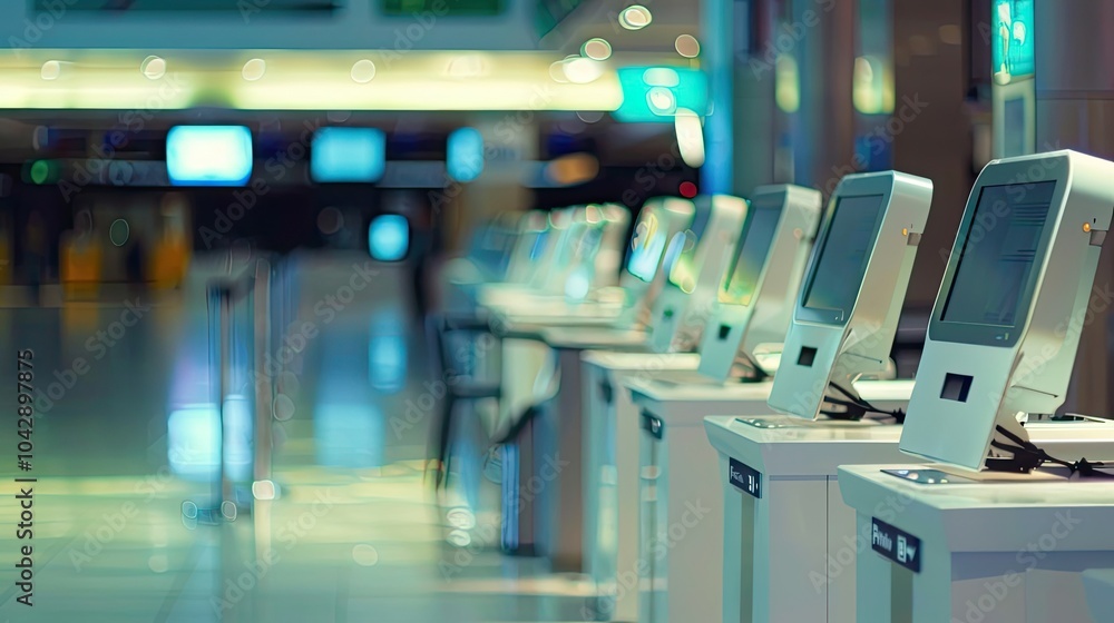 Fototapeta premium Empty airport check-in counters with electronic displays. Flight schedule, airline information, self-service kiosks, airport terminal, waiting area, boarding, and passenger services.