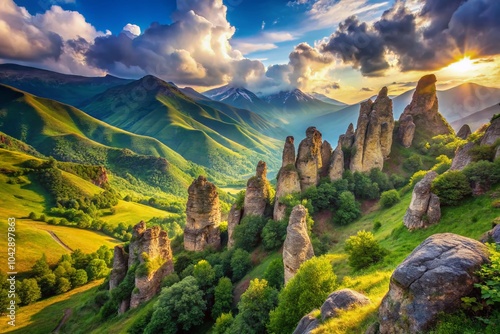 Stunning Double Exposure of Dragons Teeth Rock Formations in Caucasus Mountains, Dzhilysu, Russia - Nature's Artistry photo