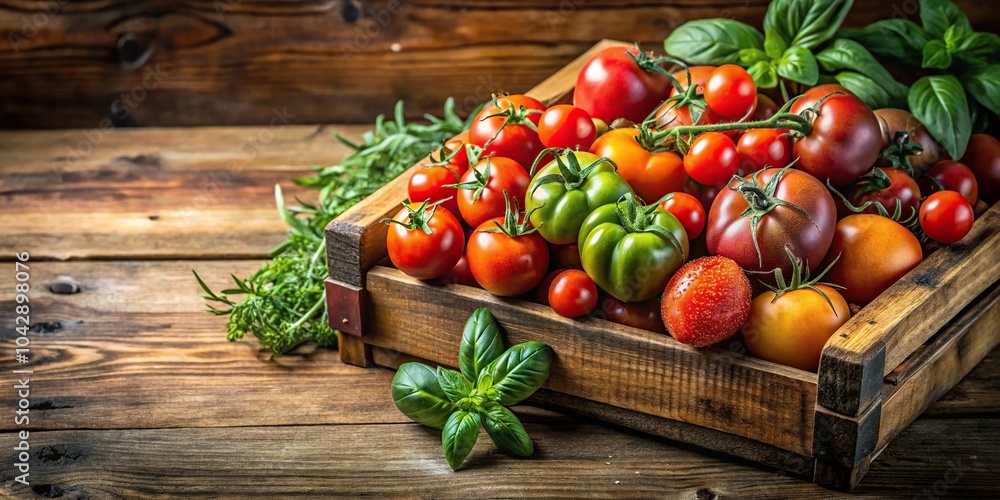 Fresh harvest wooden box with tomatoes and herbs Extreme Close-Up Fresh harvest wooden box with tomatoes and herbs Extreme Close-Up