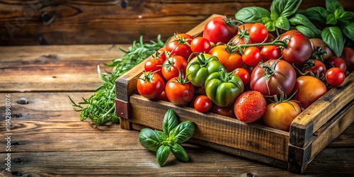 Fresh harvest wooden box with tomatoes and herbs Extreme Close-Up