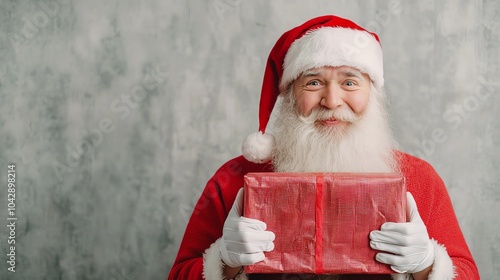 A sarcastic Santa delivering a present wrapped poorly in duct tape, shrugging at the camera with a close enough expression photo