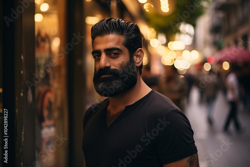 Portrait of handsome bearded Persian man in the city streets at night