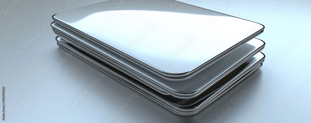 A stack of sleek, reflective tablet devices arranged neatly on a smooth surface. A stack of sleek, reflective tablet devices arranged neatly on a smooth surface.