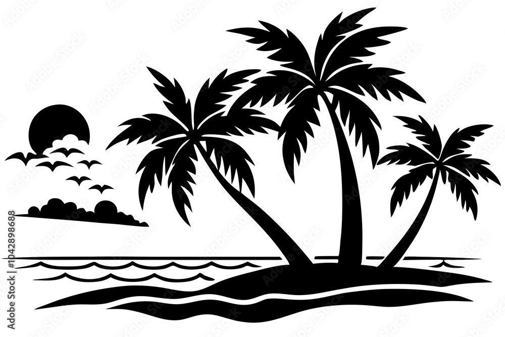 Fototapeta premium Beach Silhouette Vector Black and White Tropical Elements