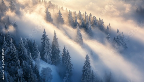 A snowy mountainside with a forest of tall pine trees covered in fog. The sun shines through the clouds and illuminates the trees.