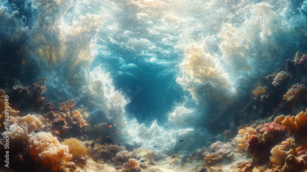 Obraz premium Underwater scene showcasing vibrant coral and dynamic water movement.