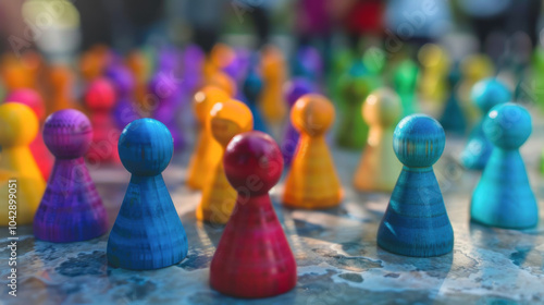 A group of wooden chess pieces are arranged in a line