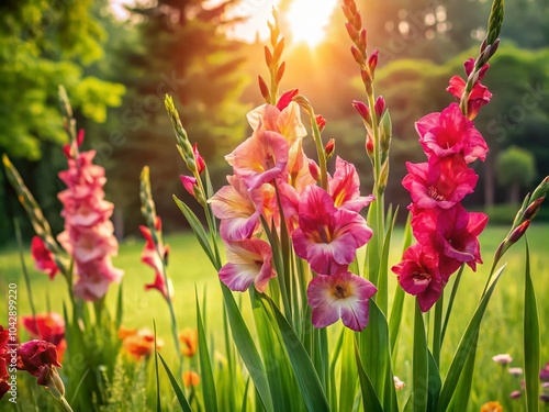 Stunning Gladiolus Fiorentina Silhouette Against Lush Green Grass in Garden Background