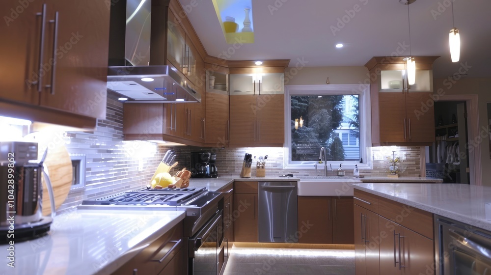 Modern kitchen with under-cabinet lighting and a marble countertop. Wooden cutting boards and decorative items are neatly arranged along the backsplash Modern kitchen with under-cabinet lighting and a marble countertop. Wooden cutting boards and decorative items are neatly arranged along the backsplash