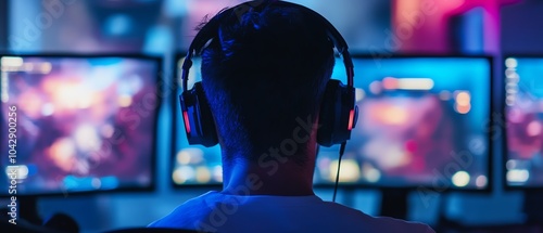 Gamer with headphones at multiple screens photo